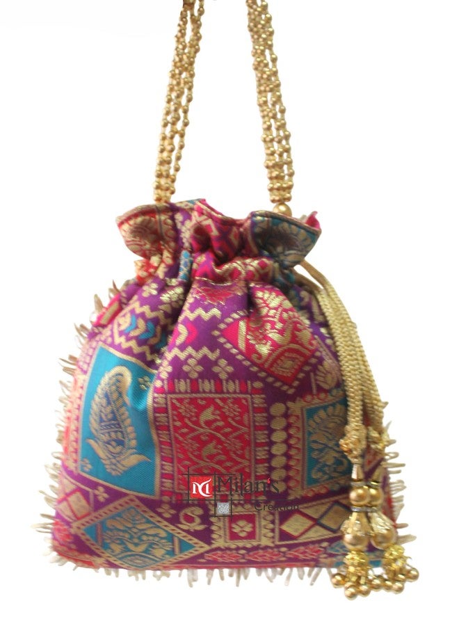 MILAN'S CREATION Patola Potli Banarasi Silk Brocade Bag Purse Drawstring Women's handbag with Pearl Handle & Tassel Weddings (Multicolor-Purple) - Image 2